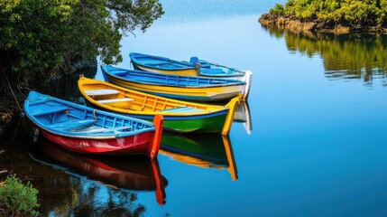 A quiet bay with colorful fishing boats bobbing in the water