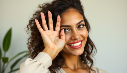 Obraz premium A joyful woman waving with a bright smile in a welcoming indoor setting.