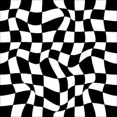 Psychedelic checkerboard seamless pattern. Retro background with black and white chessboard texture. Trendy 60s 70s aesthetic. Vector illustration.
