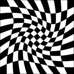 Psychedelic checkerboard seamless pattern. Retro background with black and white chessboard texture. Trendy 60s 70s aesthetic. Vector illustration.

