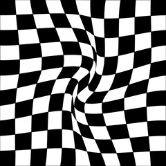 Psychedelic checkerboard seamless pattern. Retro background with black and white chessboard texture. Trendy 60s 70s aesthetic. Vector illustration.
