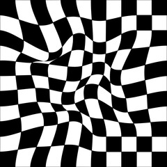 Psychedelic checkerboard seamless pattern. Retro background with black and white chessboard texture. Trendy 60s 70s aesthetic. Vector illustration.
