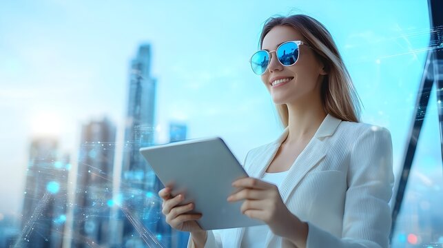 Confident Businesswoman Holding Digital Tablet and Smiling in Front of Sleek Futuristic Cityscape Symbolizing Innovation Progress and Success in the Corporate World