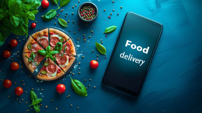 Delicious pizza beside smartphone, featuring food delivery message. - Powered by Adobe