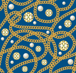 Gold chains, gold diamonds and pearls, seamless vector pattern.