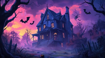 A haunted house with bats and spiders. Halloween background