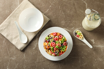 Colorful cornflakes, concept of tasty breakfast, morning food