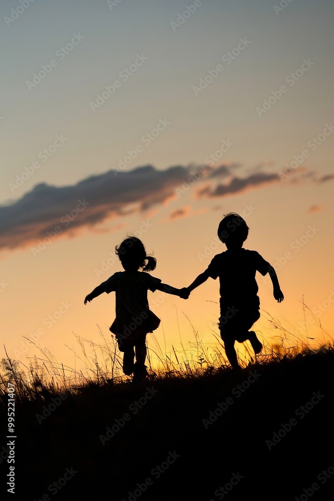 Poster two children running in the grass with the sun setting in the background