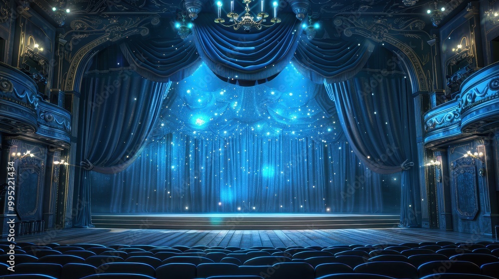 Poster an empty stage with blue velvet curtains and rows of seats in a theater.