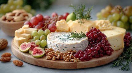 A wooden board with various cheeses, grapes, figs, nuts, and rosemary sprigs.