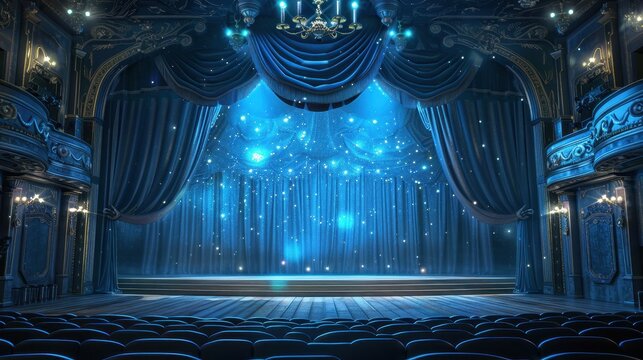 An empty stage with blue velvet curtains and rows of seats in a theater.
