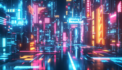 Obraz premium Bright, glowing neon signs in various shapes and colors, with a futuristic, cyberpunk-style backdrop