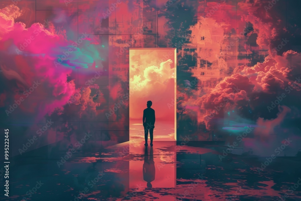 Poster a man stands in front of a large open door in a room with a lot of clouds