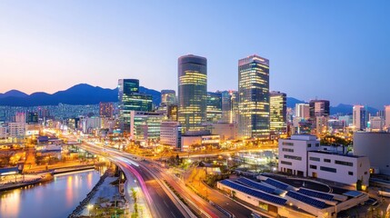 Obraz premium Urban Skyline at Dusk with Vibrant City Lights