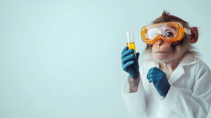 Curious Monkey Scientist in Lab Coat Holding Test Tube and Wearing Safety Goggles Performing Scientific Experiment or Research in Modern Clean Laboratory Setting