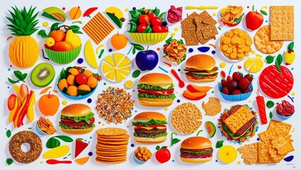 Background, pictures of various ready-to-eat food