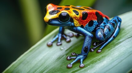 Obraz premium A close-up of a brightly colored poison dart frog sitting on a green leaf in the rainforest.