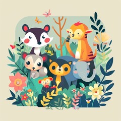 Baby animals, exploring nature, flat design illustration