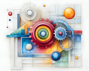 Obraz premium Whimsical Watercolor Abstract with Gears and Shapes