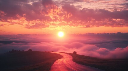 A winding road leads towards a vibrant sunset over a sea of clouds.
