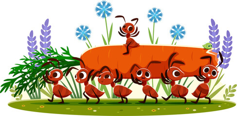 Cartoon ant characters carry a long carrot. Vector summertime scene with happy ant insects working together surrounded by a vibrant nature setting with blooming wild flowers, green grass and plants © Vector Tradition
