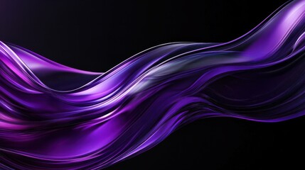 abstract 3D background in the form of a transparent purple wave on a black background, liquid glass texture, purple iridescent shiny wave