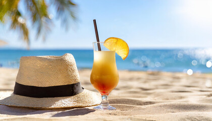 Orange juice with straw hat on sandy beach with ocean and palm leaves background.  Summer vacation and tropical travel concept.