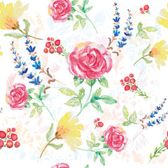 Rose and yellow spring flowers seamless pattern. Watercolor pattern with lavenders and berries