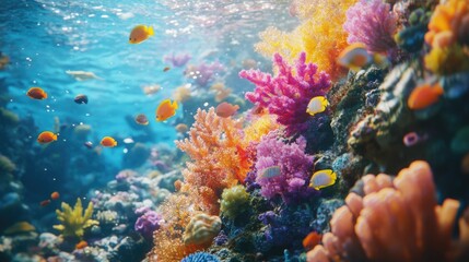 Fototapeta premium A close-up of a colorful coral reef, teeming with small fish and marine life in clear ocean water.