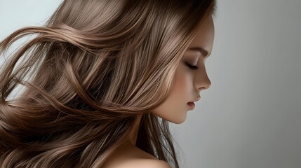 Naklejka premium Detailed and Mesmerizing Shot of a Beautifully Styled Long Wavy Hairstyle with Loose Flowing Curls Captured in an Elegant Studio Setting
