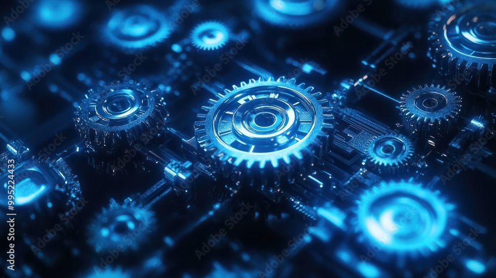 Poster abstract blue digital technology background with gears and cogs, dark color palette generative ai