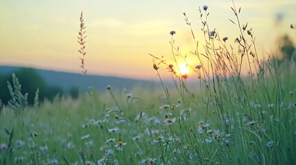 A field of wildflowers with a sun setting in the background. © bcendet
