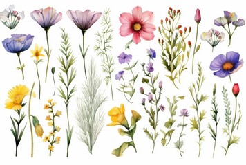 Watercolor Illustration of a Collection of Pressed Flowers and Foliage