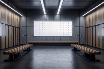 Interior of modern locker room with black walls, concrete floor and row of wooden benches.