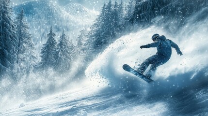 Naklejka premium Austrian Snowboarder Carving Through Fresh Powder in Dense Forest - Winter Sports in Austria