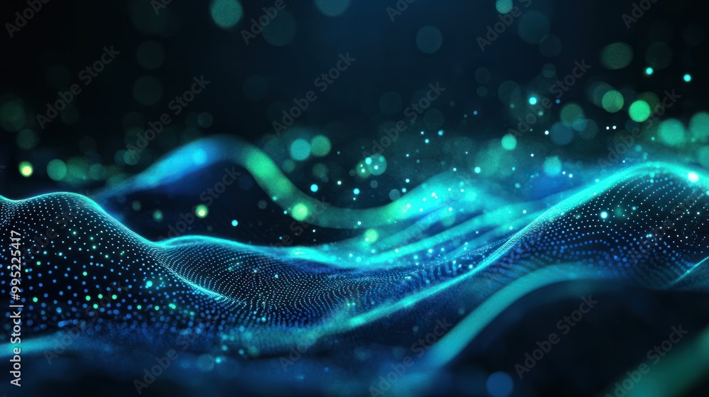 Poster abstract futuristic background with green blue glowing neon moving high speed wave lines and bokeh l