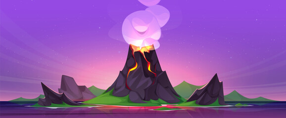 Sunset or sunrise landscape with volcano erupt on island in sea or ocean. Cartoon vector Jurassic period landscape with volcanic rock mountain eruption, orange magma and smoke cloud exploding. © klyaksun