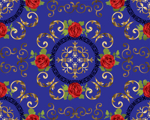Golden floral seamless pattern. Vintage vector botanical wallpaper. Royal wallpaper seamless pattern. Gold scroll pattern and red flat roses.