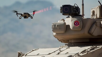 Detailed close up view of an advanced anti drone laser defense system mounted on top of an armored military vehicle