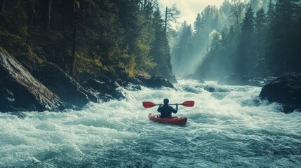 Fototapeta premium Adventurous American Kayaker Conquering Thrilling Whitewater Rapids in Forested Riverbank Challenge