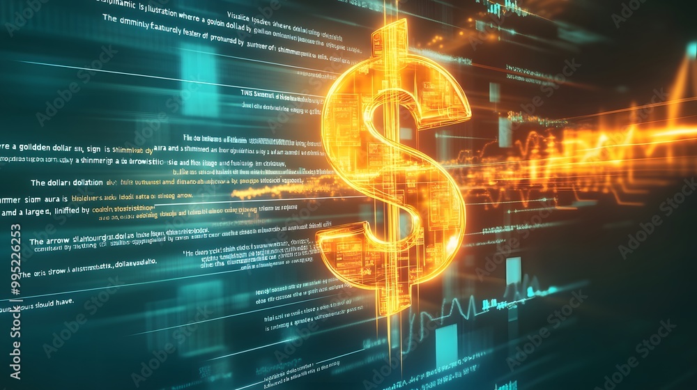 Poster a glowing dollar sign against a digital background with code and data lines
