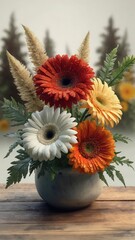 Obraz premium painting of a bouquet of flowers in a vase , vibrant gerbera flowers. There are also two sprigs of pampas grass, two baby eucalyptus leaves, and a fern leaf. 