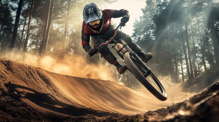 Naklejka premium Thrilling BMX Jump in Forest: Dutch Athlete in Dynamic Action on Dirt Track