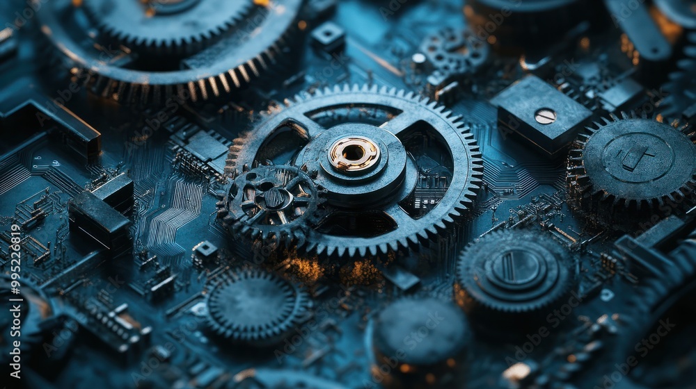 Poster abstract technology background with gears and circuit board lines with an emphasis on mechanical ele