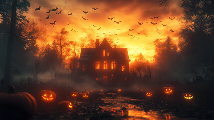 Haunted House Surrounded by Glowing Jack-o'-Lanterns Under Moonlit Sky – Perfect Halloween Party Design