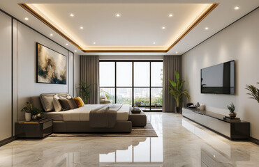 Modern-style bedroom with white marble floor tiles and a gray sofa wall. A decorative painting hangs on the wall above the bed. A TV cabinet is positioned in front of the bed. Created with Ai