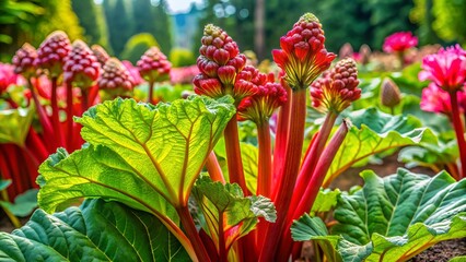 Obraz premium Colorful Flowers Blooming on Vibrant Green Rhubarb Plants in a Lush Garden Setting During Springtime