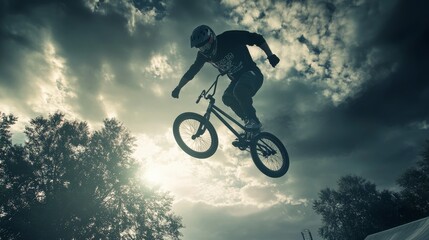 Naklejka premium Thrilling BMX Aerial Stunt: American Athlete in Dramatic Urban Park Setting
