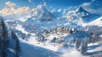 Alpine ski resort with snow-capped peaks and endless slopes offers winter wonderland for skiing enthusiasts