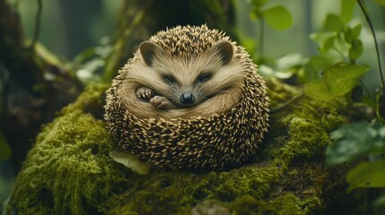 A close-up of a hedgehog curled up in a ball on a soft patch of moss in the forest.